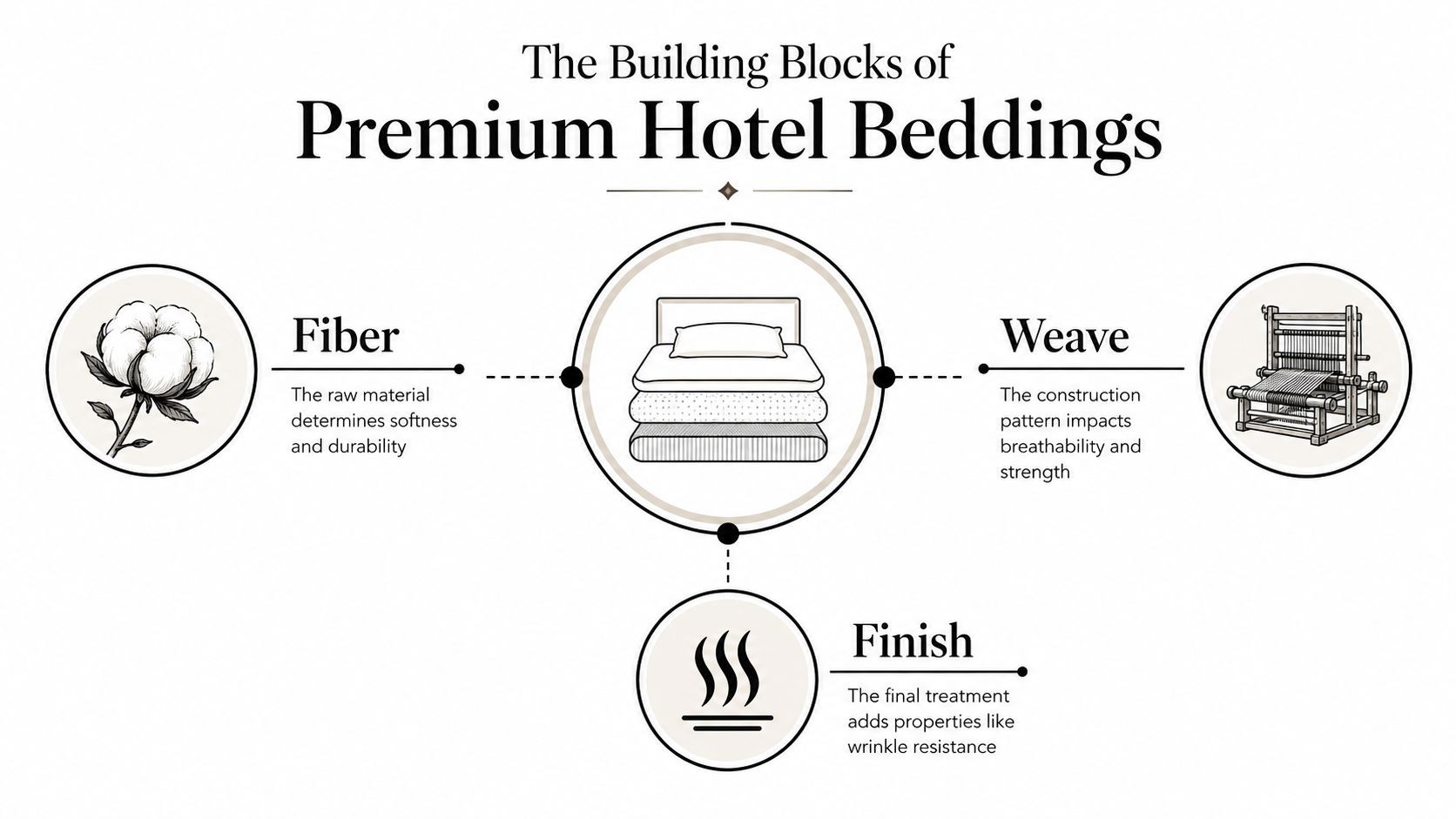 An infographic detailing the three key building blocks of premium hotel bedding: fiber, weave, and finish.