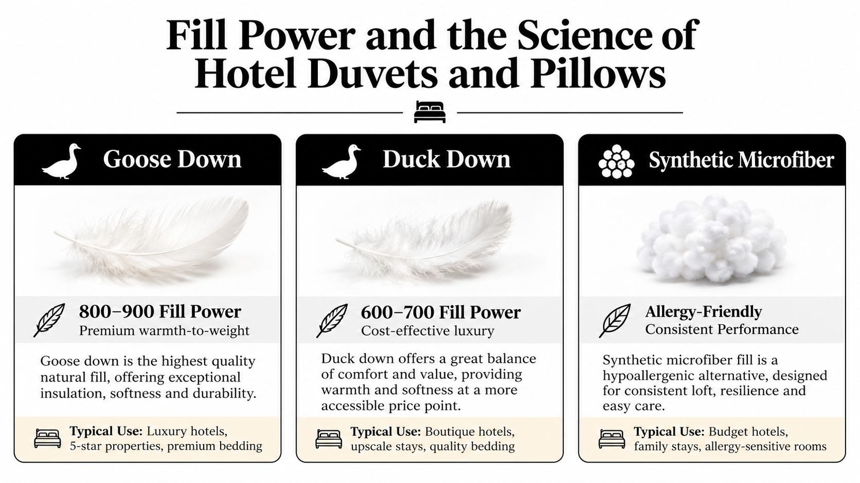 An infographic comparing goose down, duck down, and synthetic microfiber fillings for luxury hotel bedding and pillows.
