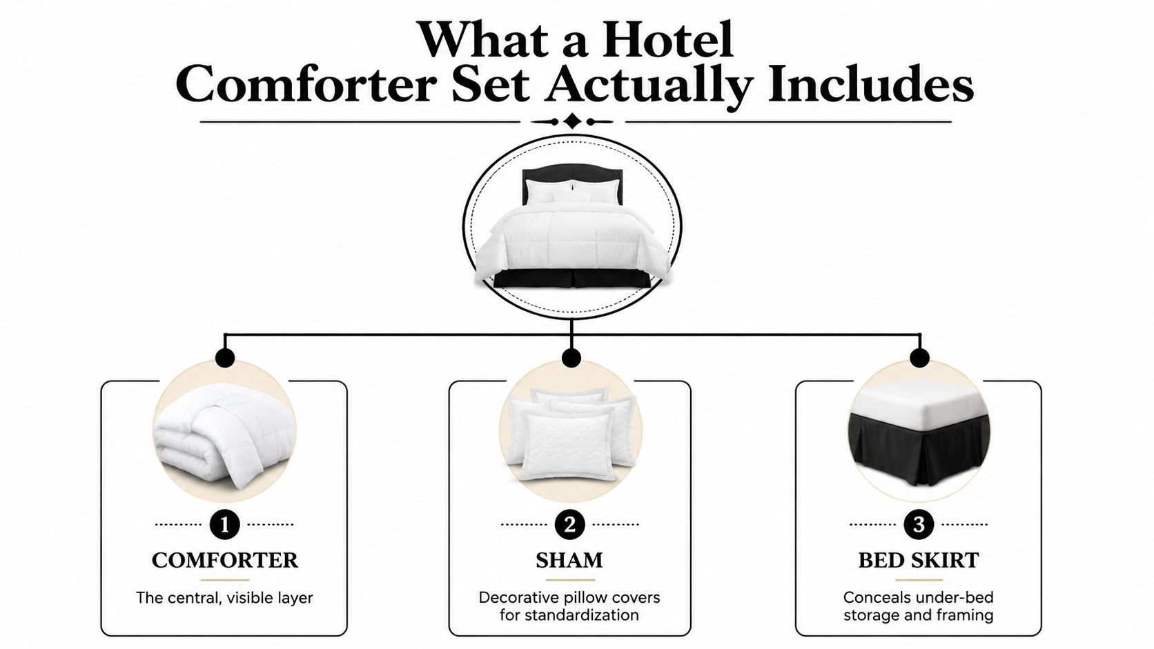 A diagram illustrating the three essential items included in a standard hotel comforter set: comforter, sham, and bed skirt.