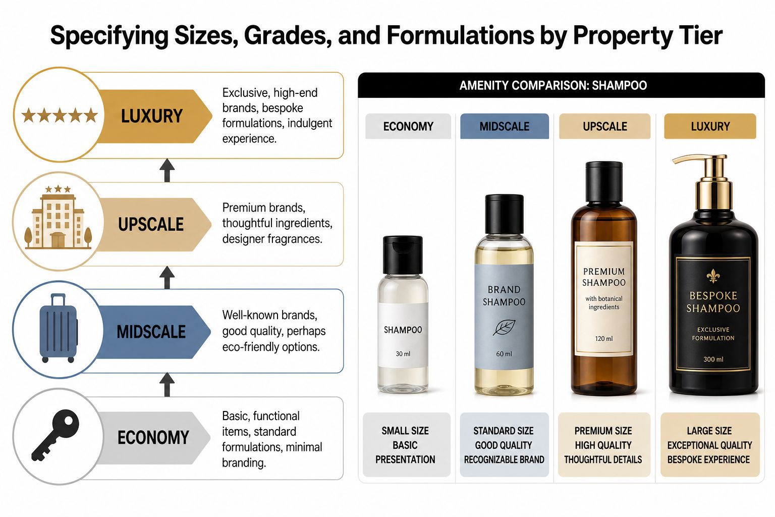 An infographic comparing hotel amenity sizes, grades, and formulations across economy, midscale, upscale, and luxury property tiers.