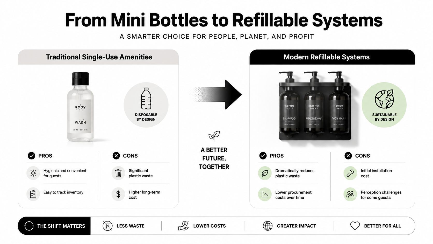A comparative infographic showing the transition from single-use hotel toiletries to sustainable, refillable dispenser systems.