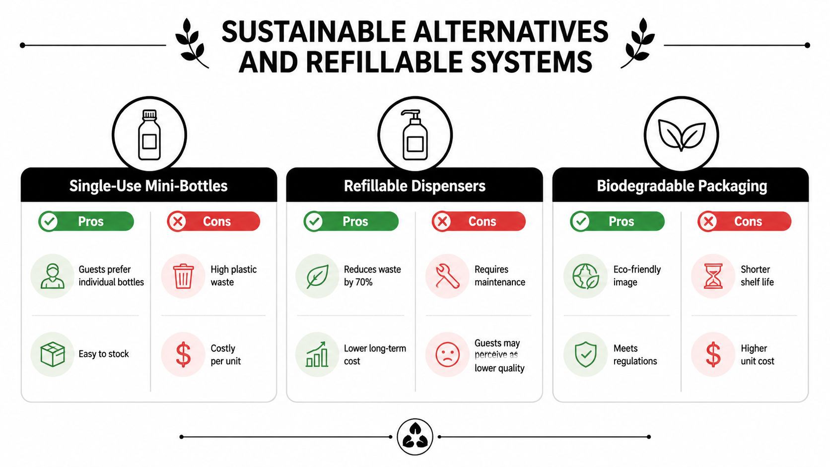A comparison chart showing the pros and cons of single-use bottles, refillable dispensers, and biodegradable packaging for hotels.