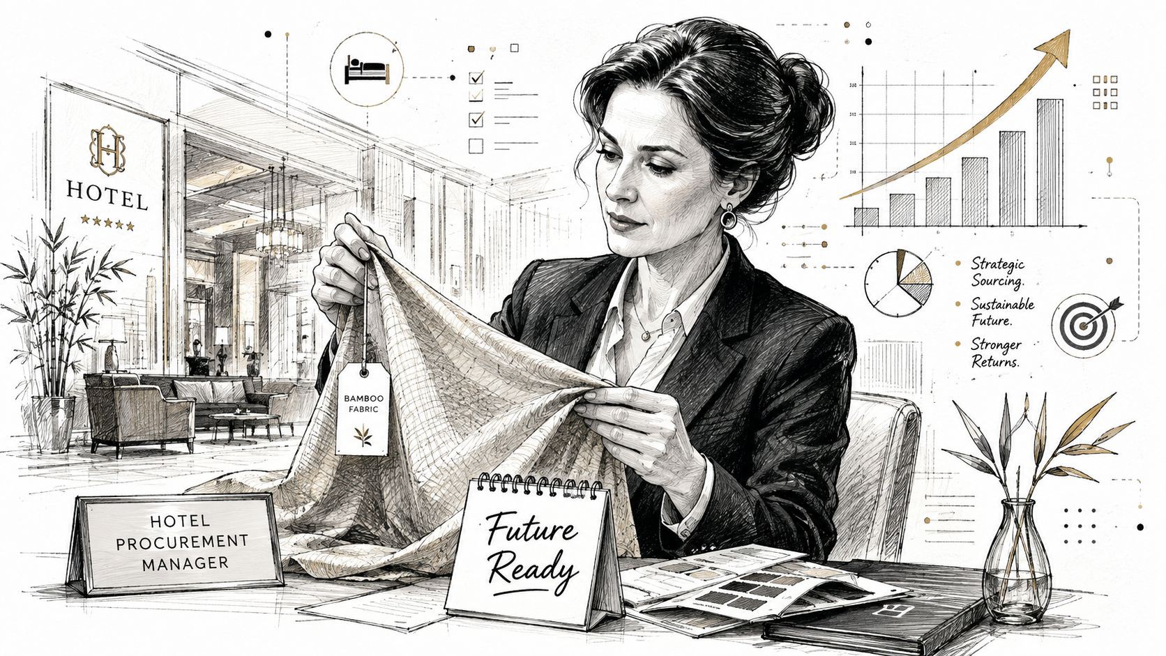 A professional hotel procurement manager evaluating eco-friendly bamboo fabric for sustainable hotel bedding and supplies.