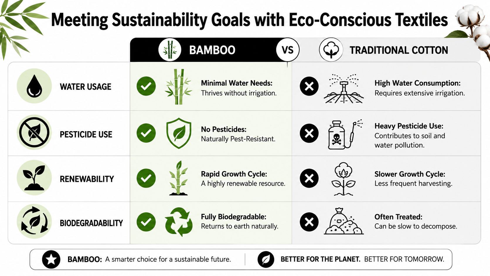 A comparison chart showing how bamboo textile production is more sustainable than traditional cotton farming practices.