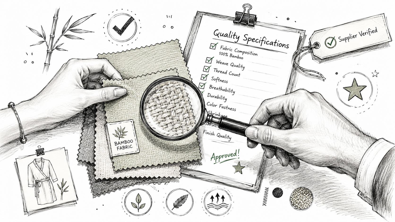 A professional inspection of bamboo fabric swatches with a magnifying glass and a quality specifications checklist.