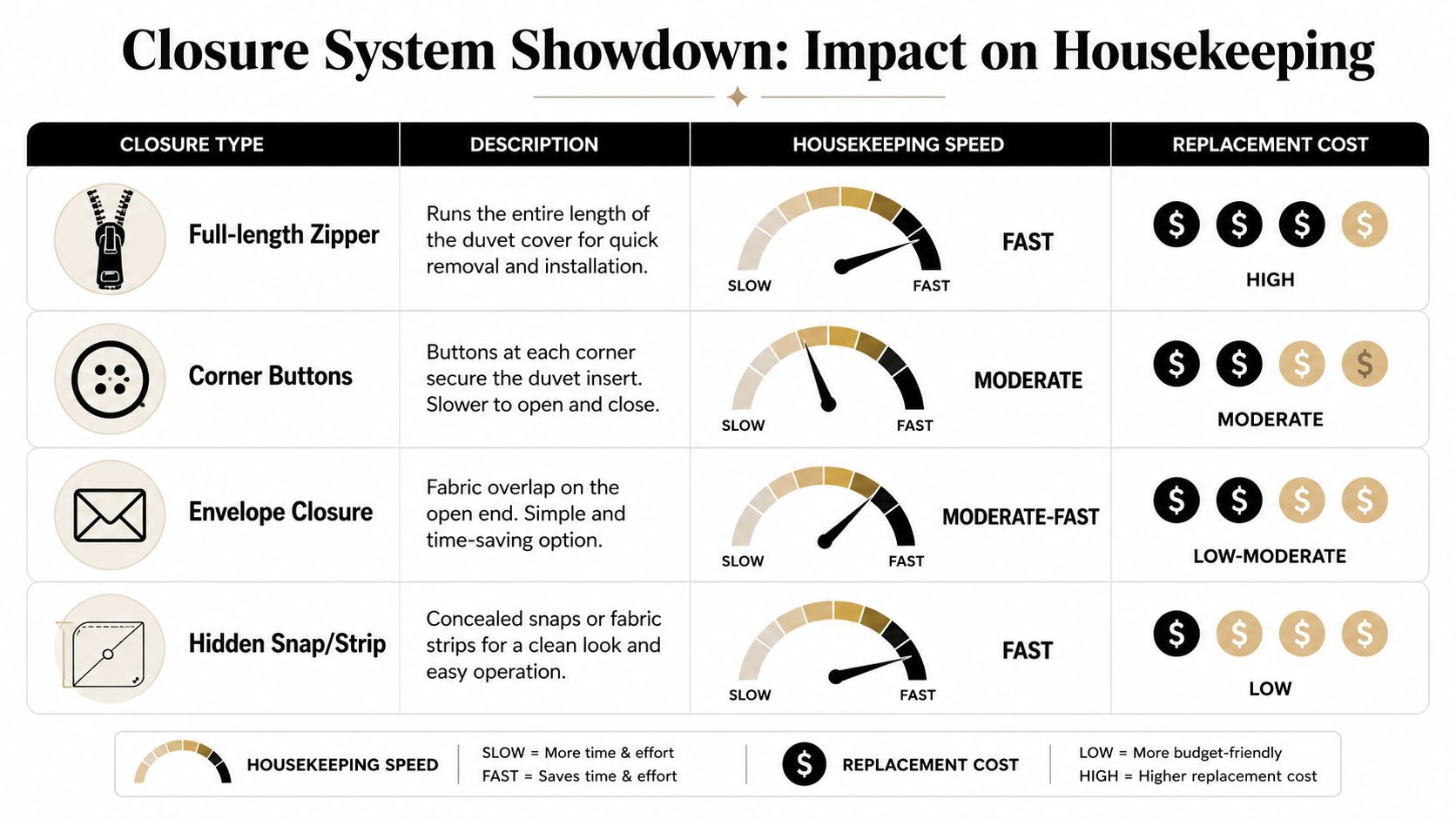 A comparison chart showing the housekeeping efficiency and replacement costs for four different duvet cover closure systems.