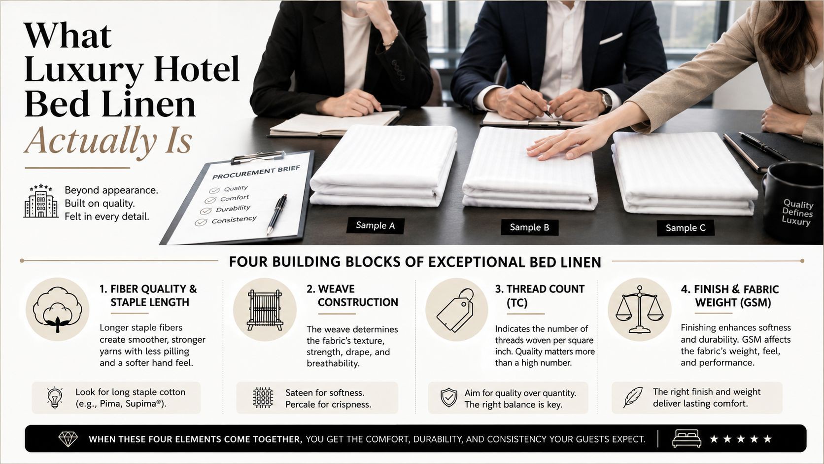 A professional procurement meeting displaying luxury hotel bed linen samples with key quality factors listed below.
