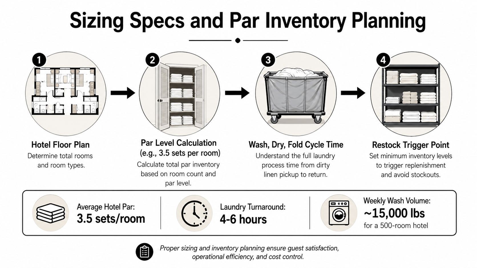 A diagram illustrating the four-step process for sizing hotel linen inventory and planning par levels effectively.